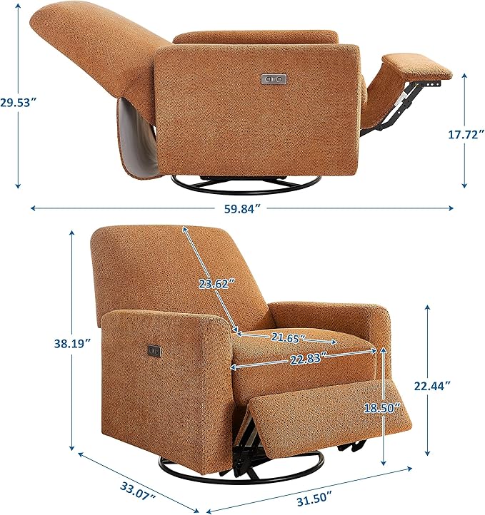 VANOMi Power Swivel Glider Recliner Chair Electric Nursery Rocker Recliner Chair USB &amp Type-C Charger Boucle Curry