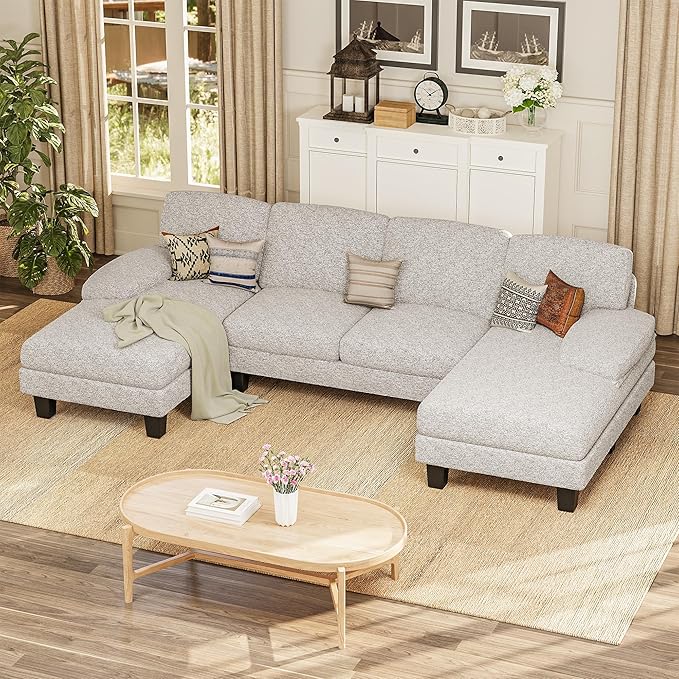 Furmax Sectional Couches for Living Room U-Shaped Sofa Couch with Linen Fabric 4 Seat Sofa Set with Double Chaise for Apartment (Loop Yarn Pearl Gray)