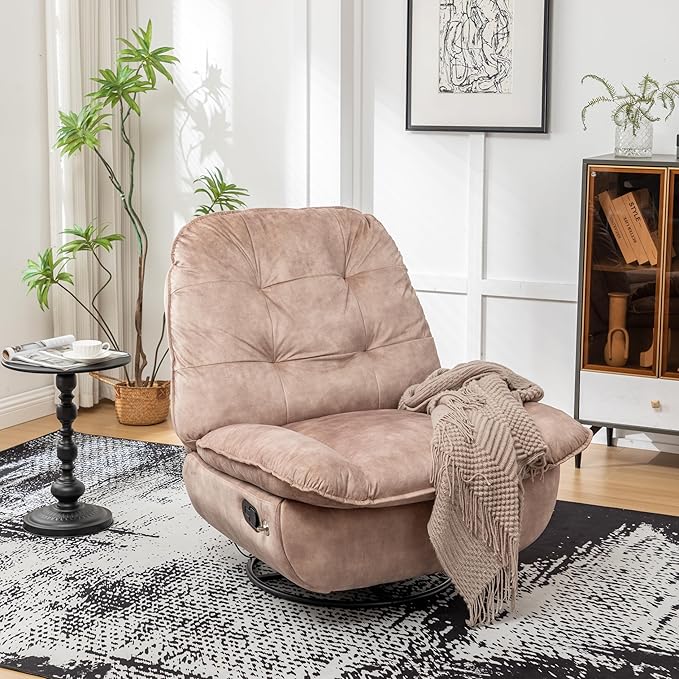 JOSHEN 41 Modern Velvet Reclining Lazy ChairLarge Reading ChairSwivel Gliding Rocking Chair with Mobile Phone Holder for Living RoomBedroomLight Brown