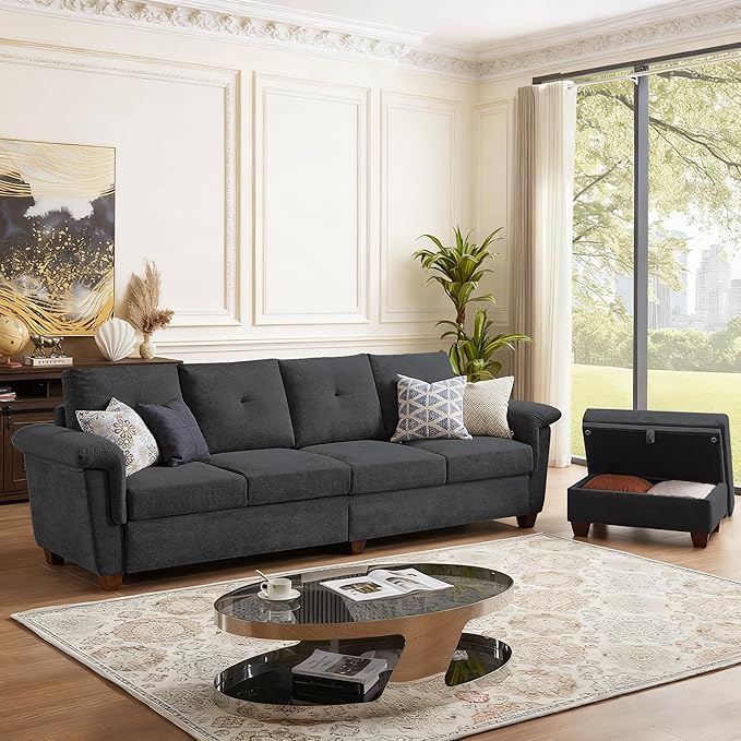 108 Sectional Sofa Convertible L Shaped Sofa with Ottoman and Large Storage 4 Seat Sectional Couch with Cup Holder Couches for Living Room Apartment Office (Dark Grey)