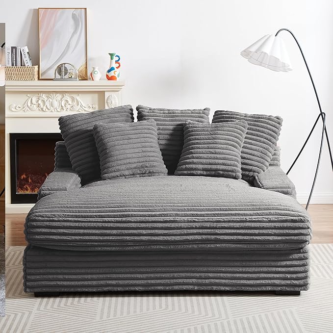 64 Oversized Chaise Daybed Lounge Sleeper Sofa Extra Wide Cloud Sofa&ampCouch Luxury Plush Corduroy Upholstered Loveseat Couch Deep Seat Living Room Queen Size Sofabed W/5 Pillows for Home/Apartmen