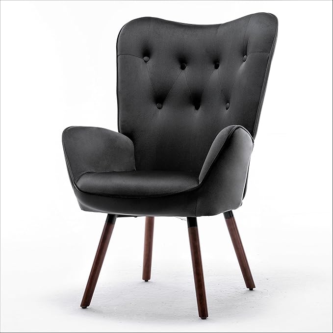 Chic Accent Arm Chairs for Living Room Bedroom or Home Office Button-Tufted Midcentury Armchair with Wingback Design and Splayed Legs Black
