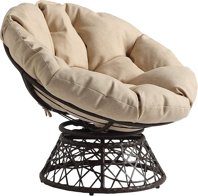 OSP Home Furnishings Wicker Papasan Chair with 360-Degree Swivel Brown Frame with Cream Cushion