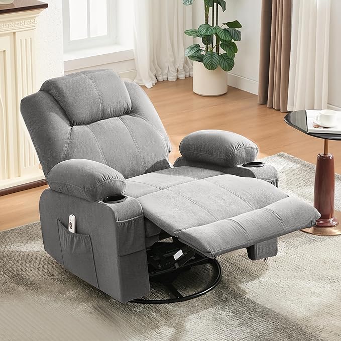 Swivel Rocker Recliner Chair with Heat and Massage Big Oversized Rocking Single Sofa for Living Room 360 Degree Swivel Recliner Chair with Cup Holders and USB Port (Fabric Grey)