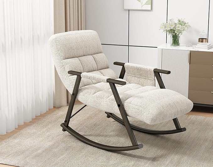 Teddy Rocking Chair for Living Room Bedroom Balcony Adjustable High Back and Footrest 5 Reclining Positions Soft and Comfortable White