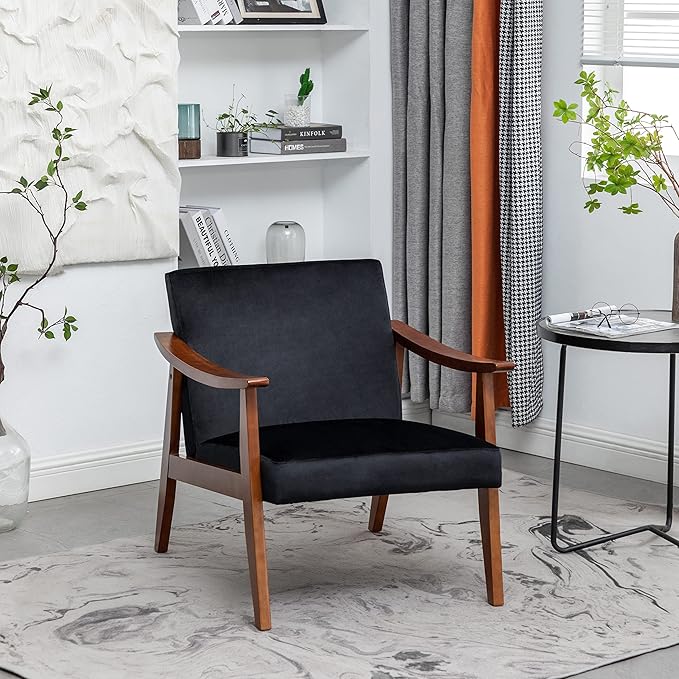 Accent Chair with Velvet Upholstery and Solid Wood Frame Classic Mid-Century Modern Living Room Furniture for Extra Seating Black