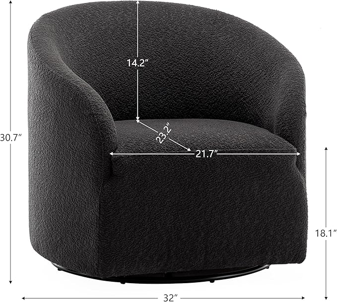 KINWELL 32 Wide Modern Boucle Swivel Barrel Chair No Assembly Round Upholstered Swivel Accent Armchair for Living Room Bedroom Office (Black)