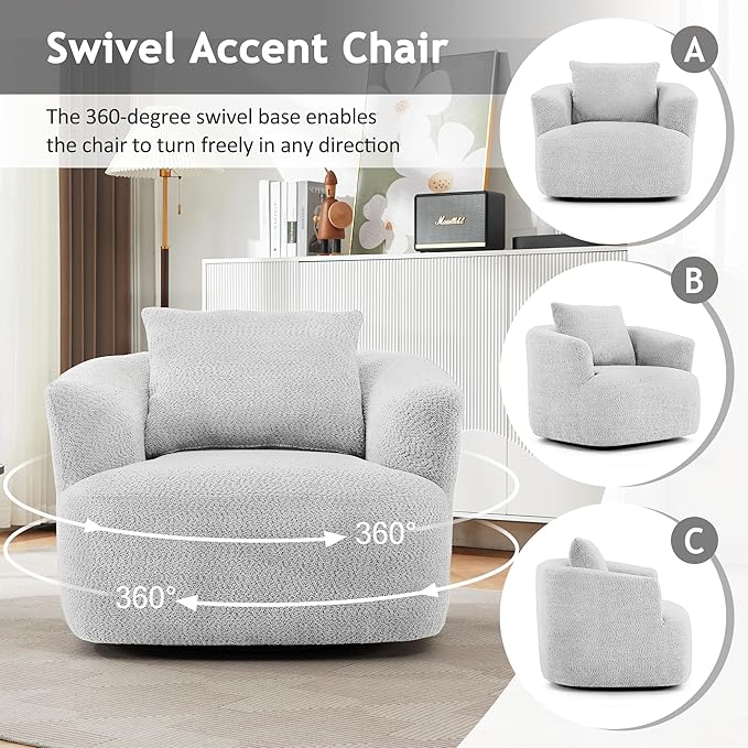 360° Swivel Chair 38.2 Accent Chair Sofa Upholstered Swivel Barrel Sofa Chair with a Throw Pillow for Living Room Bedroom Office and Hotel Light Grey