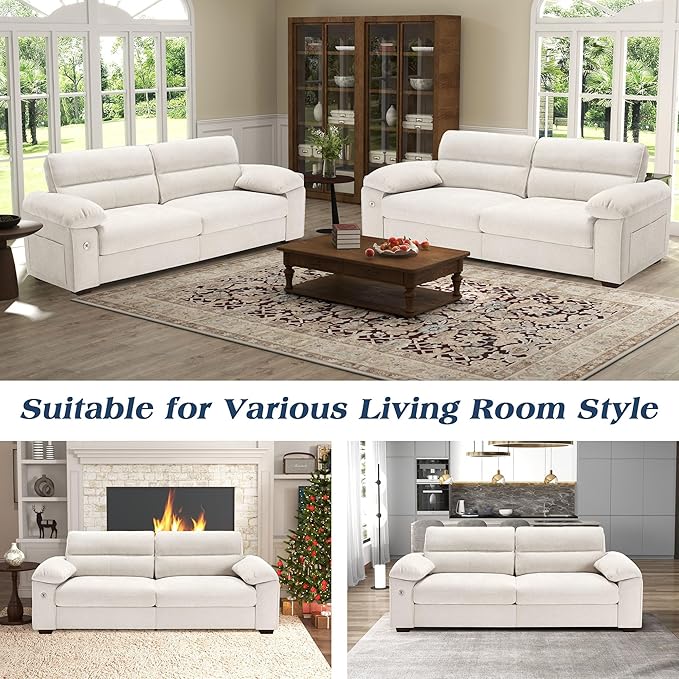 WorthFurni Sofas for Living Room Chenille Pillow-Armrest Loveseat Couch Set Small Sofa 3 Seater Sofa USB Charging Removable Sofa Cover Solid Wood Frame Easy to Install (90.5 inch Beige)