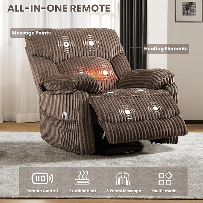 SUNWAVE Power Recliner Chair Electric Swivel Rocker Heat &amp Massage Hybrid Corduroy Infinite Position Recliner USB Remote Tool-Free Assembly (Brown)