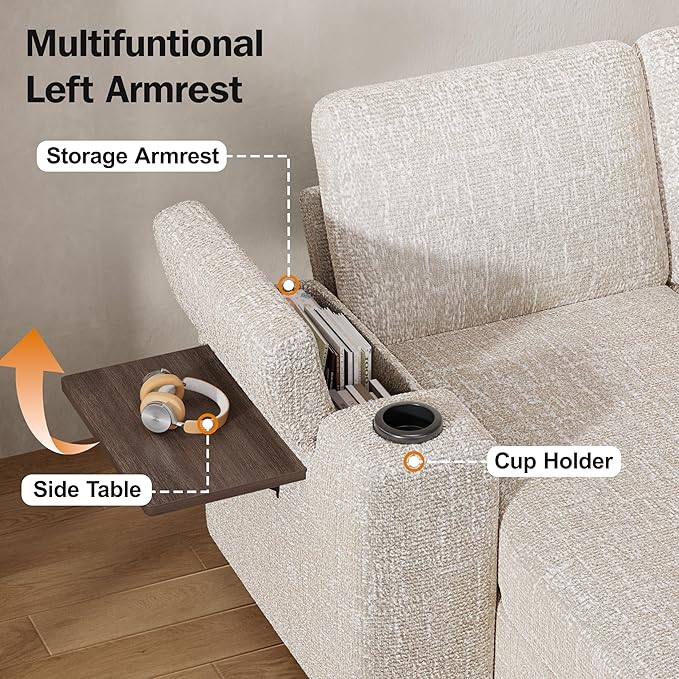 Vipbear 86 Modular Sectional Sleeper Sofa with Pull Out Bed 5 Seat Chenille L Shaped Couch with Reclining Backrest|USB Ports|Cup Holders|Side Table|Storage Seat Armrests Tool Free Assembly Beige