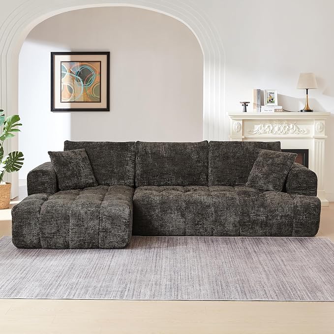 108 Luxury L-Shaped Sectional Sofa 4-Seater Modular Cloud Couch with Pillows Chenille Upholstered Full Foam Floor Sofa for Living Room No Assembly Brown