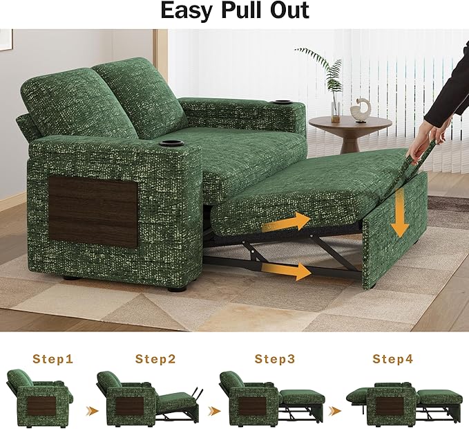 Vipbear 65 Loveseat Sleeper Sofa with Pull Out Bed Chenille 3-in-1 Convertible Sofa Bed with Reclining Backrest|USB Ports|Cup Holders|Side Table|Storage Armrests Tool Free Assembly Green