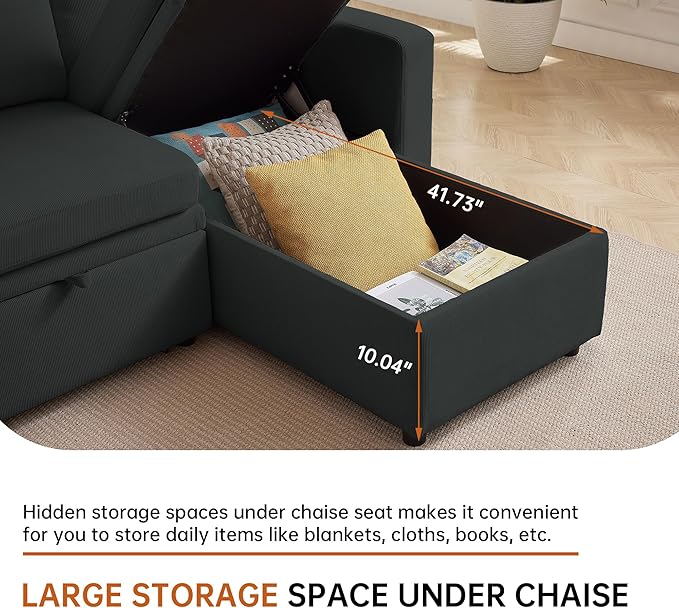 79 Sleeper Sofa Bed Convertible Sofa Pull Out Couch with Storage | Reversible Chaise | L Shaped | Layered Storage | 3-Seater Comfy Sectional Couch Pullout Bed for Living Room Black
