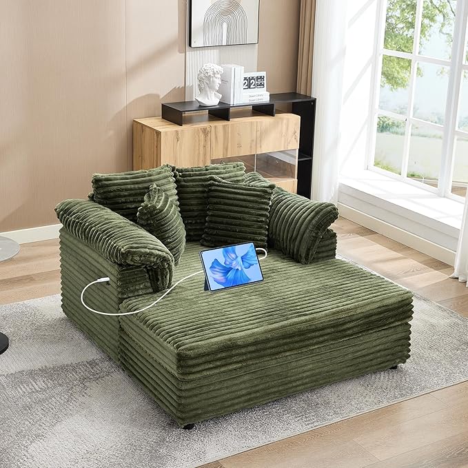 Oversized Chaise Lounge Chair Indoor Upholstered Sofa Bed with Throw Pillows and Armrests Comfy Corduroy Sleeper Couch with Cup Holders and Charging Port for Living Room Bedroom 60 Inch Wide Green
