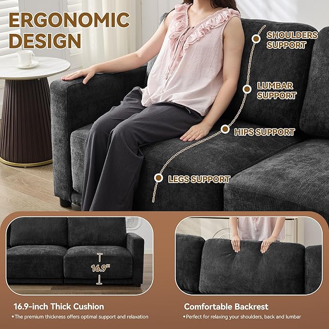 110.6 L Shaped Sectional Sofa Modular Cloud Deep Seat Couch with Movable Ottoman Oversized Thicked 4-Seats Sofas for Living Room Chenille Black