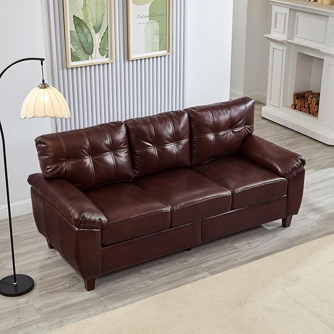79 Burgundy Faux Leather Couch with Storage Mid Century Modern Tufted Sofa Chesterfield with Wide Arm Comfy Leather Love Seat for Living Room Bedroom Office Small Spaces (Burgundy 3 Seater Couch)