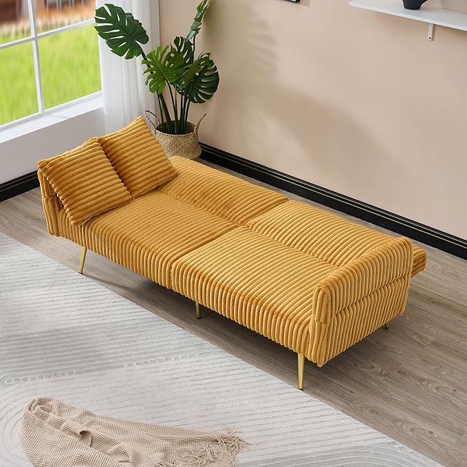 Yellow 79 Convertible Futon Sofa Bed with Adjustable Backrest &amp Armrests Modern Corduroy Folding Loveseat Sleeper Couches with Two Soft Pillows for Living Room Apartment Office (Yellow)