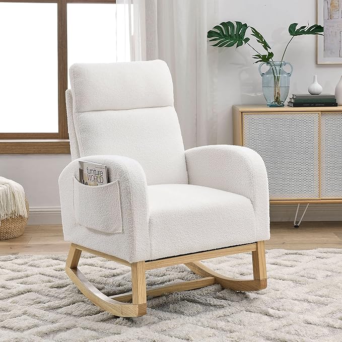 Nursery Rocking Glider Chair Modern Fabric Tall Back Accent Rocker Chair Upholstered Arm Chair w/Side Pockets Modern Leisure Single Sofa for Living Room Hotel Bedroom Office White