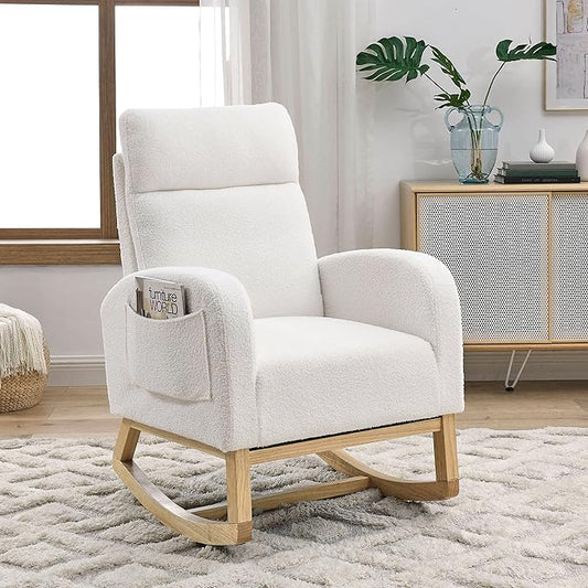 Nursery Rocking Glider Chair Modern Fabric Tall Back Accent Rocker Chair Upholstered Arm Chair w/Side Pockets Modern Leisure Single Sofa for Living Room Hotel Bedroom Office White