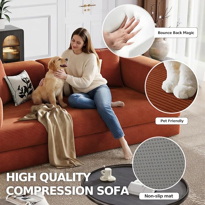 78.8'' Boneless Sleeper Sofa BedConvertible Futon Couch with Storage Pocket and 2 PillowsModular Corduroy Sofa for livingroomSmall speaceOrange