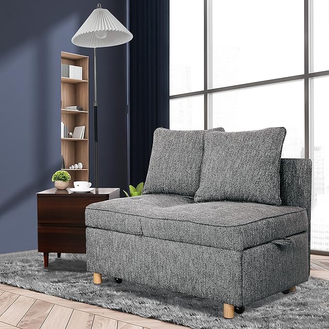 SEJOV Sofa Bed 4-in-1 Convertible Sofas &amp Couches 3-Seat Linen Fabric loveseat Sofa with 2 Throw Pillow Single Recliner for Small Space with 5 Adjustable Backrest Dark Grey
