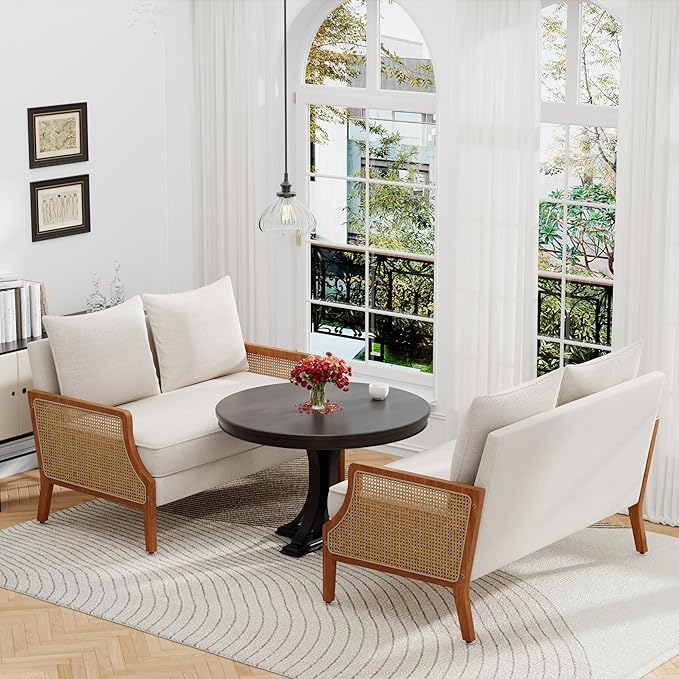 Loveseat Sofa Couches with Rattan Arms and Pillows for Living Dining Room Bedroom Office Entryway Small Spaces Ivory