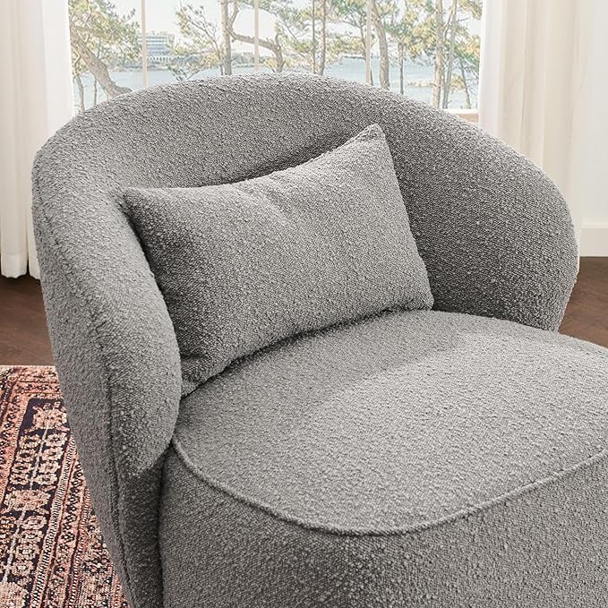 KINWELL 33 W Mid Century Modern Swivel Barrel Chair Set of 2 Upholstered Boucle Swivel Accent Chairs No Assembly Sofa Chair with Toss Pillow for Living Room Bedroom Reading Nursery (Light Gray)