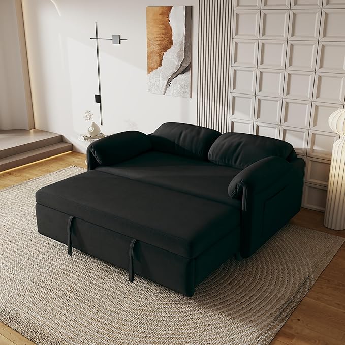 KEIKI 3 in 1 Full Velvet Convertible Pull Out Sofa Bed Adjustable Backrest &amp Side Pockets Modern Sleeper Recliner Couch for Living Room Black