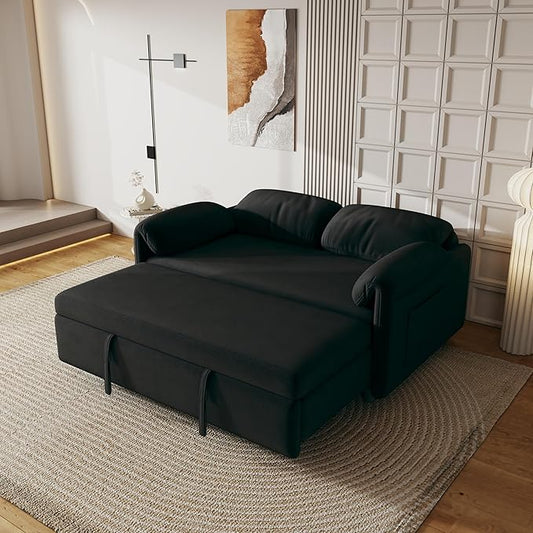 KEIKI 3 in 1 Full Velvet Convertible Pull Out Sofa Bed Adjustable Backrest &amp Side Pockets Modern Sleeper Recliner Couch for Living Room Black