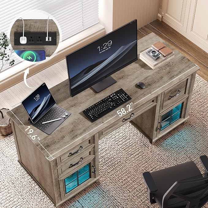 58 Farmhouse Executive Desk with Drawers LED Light Computer Desk with Drawers and File Cabinet Wooden Home Office Desk with Charging Station Workspace for Writing Greige