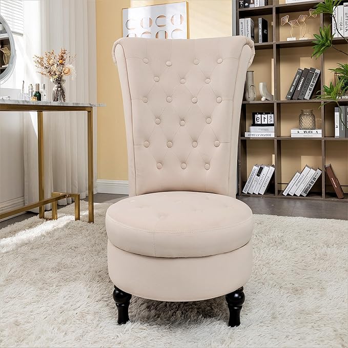Royal High-Back Velvet Accent Chair for Vanity with Storage and Luxurious Upholstery Retro Design and Versatile Usage for Living Room Bedroom Lounge and Office Ivory