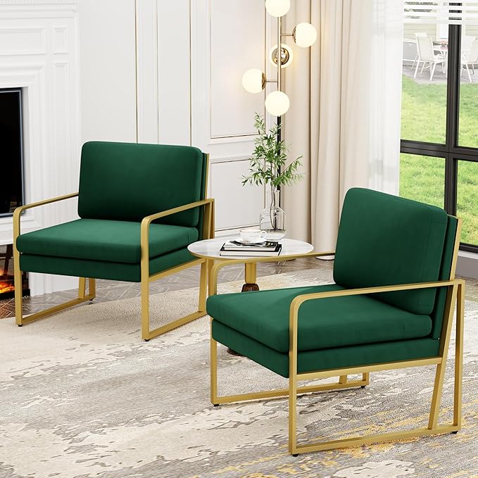 ALISH Accent Chairs Upholstered Armchair Modern Living Room Chairs Linen Arm Chair Side Sofa Chairs Reading Chairs with Metal Legs for Bedroom Living Room (Green Set of 1)