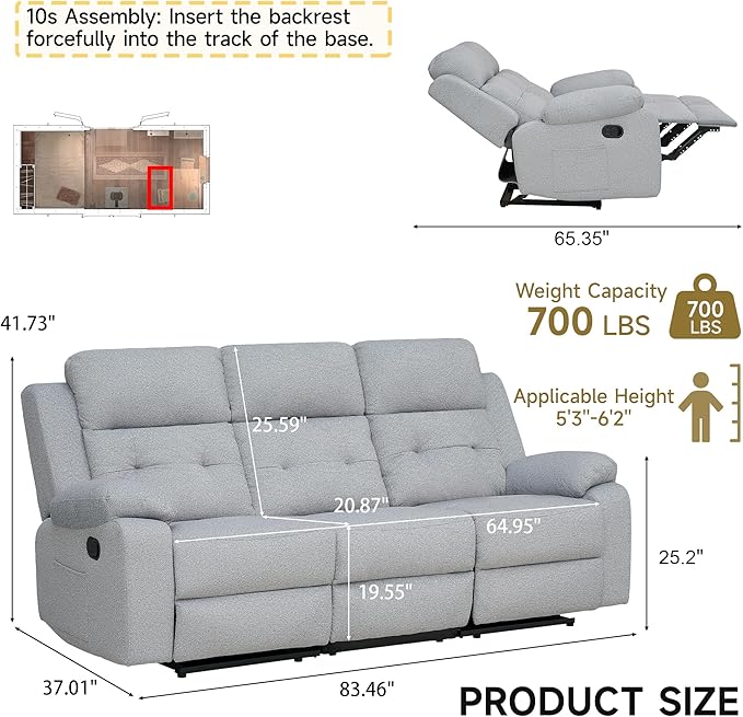 Reclining Love Seat Recliner Sofa Living Room Furniture Set Sofa and Loveseat Sets for Living Room RV(3 Seat+Loveseat Grey)