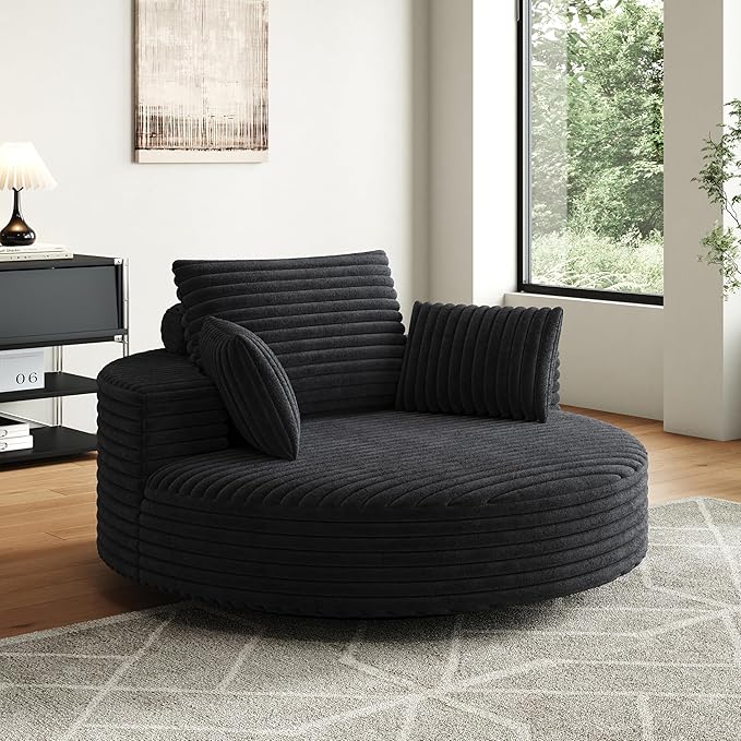 KEIKI 55 Oversized 360 Degree Swivel Chair Large Barrel Chairs Upholstered Round Swivel Chair Corduroy Single Sofa Armchair Sleeper Chair for Living Room Lounge Black