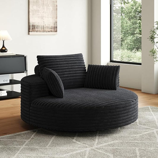 KEIKI 55 Oversized 360 Degree Swivel Chair Large Barrel Chairs Upholstered Round Swivel Chair Corduroy Single Sofa Armchair Sleeper Chair for Living Room Lounge Black