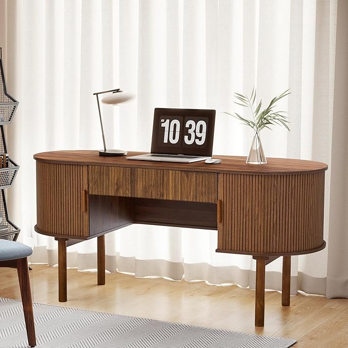 Executive Office Desk with Storage 63 Inch Large Computer Workstation Desk with Drawer and File Cabinets Mid Century Modern Fluted Wood Writing Desk for Home Office Study Room Living Room Walnut