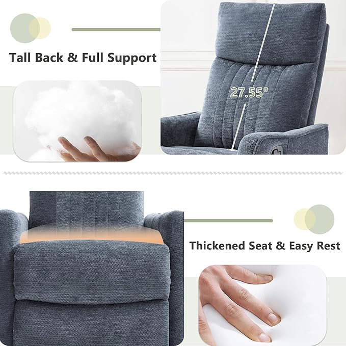 cinkehome Heated Massage Swivel Rocker Recliner Chair for Nursery - Small Space Reclining Chair with Lumbar Support 360° Swivel &amp Gentle Rocking Ergonomic High Back Chenille Fabric Blue
