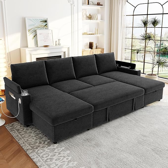 109.5 Sectional Sofa Convertible Pull-Out Sofa Bed with 2 Storage Chaise Lounges and Cup Holders Chenille Fabric U-Shaped Couch with Storage Boxes &amp USB Ports for Living Room (Black-9.19)