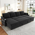 109.5 Sectional Sofa Convertible Pull-Out Sofa Bed with 2 Storage Chaise Lounges and Cup Holders Chenille Fabric U-Shaped Couch with Storage Boxes &amp USB Ports for Living Room (Black-9.19)