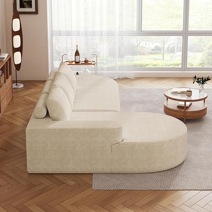 KEIKI 108.5 L Shaped Corner Couch with Chaise Curved Sectional Sofa Upholstered Chenille Sectional Couch for Living Room Bedroom Beige