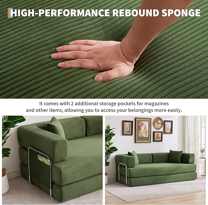 Garvee 5-in-1 Convertible Sofa Bed 78.8 Modular Corduroy Sleeper with Sturdy Frame &amp No Assembly Multi-Functional Futon for Small Space Living Room &amp Guest Room (Green) (Green)