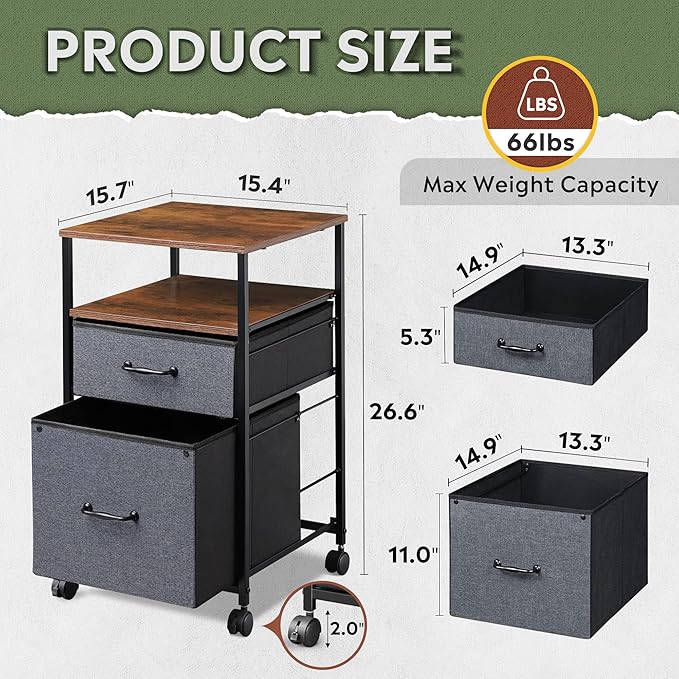 DEVAISE Mobile File Cabinet Rolling Printer Stand with Open Storage Shelf Fabric Vertical Filing Cabinet fits A4 or Letter Size for Home Office Rustic Brown