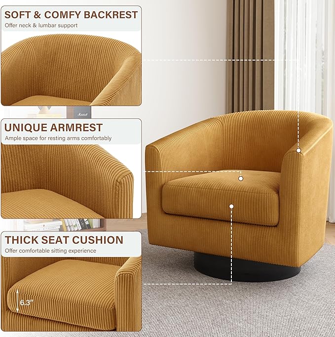 Lumibee Swivel Accent Barrel Chairs Set of 2 Upholstered Comfy Swivel Round Barrel Chair 360° Rotation Single Sofa Club Armchair for Living Room Reading Room Bedroom Corduroy Orange