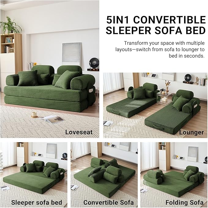 79 Boneless Couch with High Backrest Headrest Comfy Modular Foldable Floor Sleeper Sofa 5-in-1 Convertible Sofa Bed for Living Room Bedroom Lounge Studio Light Green