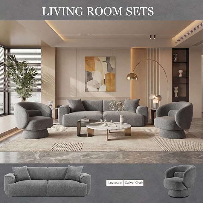 Modern 91'' Wide Cloud Couch Sofa Love Seat Couches W/Solid Frame Friendly Couch W/Boucle Couch Cozy Fabric with 2 Pillow &amp Rectangular Arm for Apartment Grey