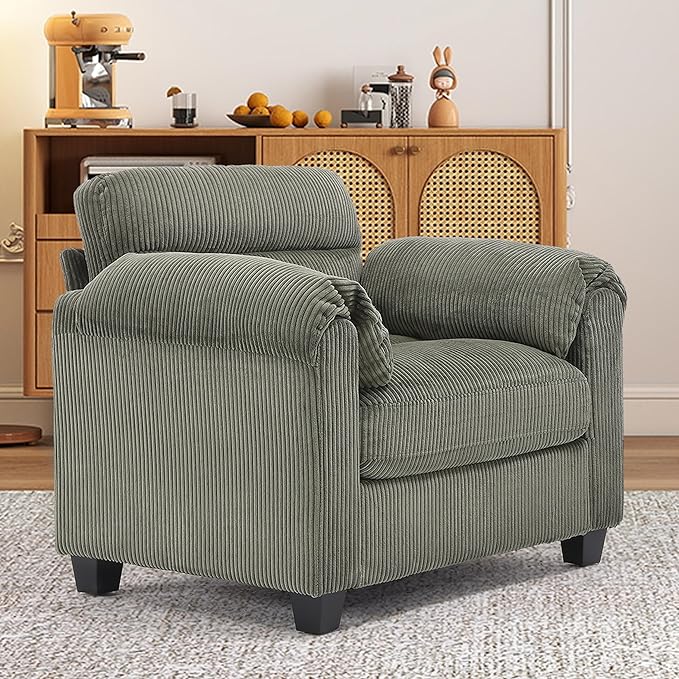 Corduroy Sofa Set Upholstered Armchair with Plush Cushions and Rolled Arms Modern Living Room Furniture SetsGreen
