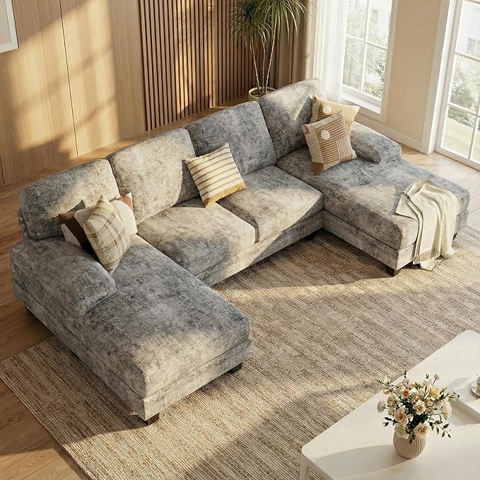 Homall Modular Sectional U Shaped Sofa Couches for Living Room Comfy Chenille 4 Seat Sofa Set with Removable Pillows Lounge Chaise Upholstered Couch for Apartment (Chenille Grey)