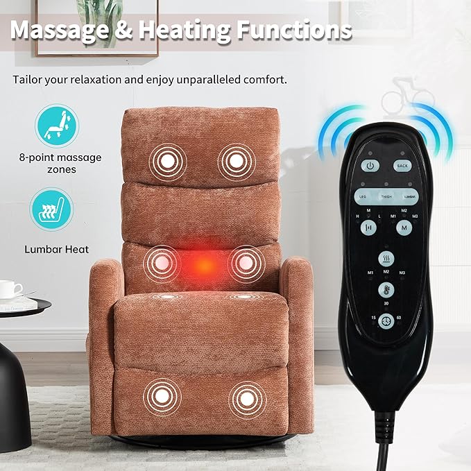 PELUMY 360° Swivel Rocker Recliner with Heat &amp Vibration Massage Glider Rocking Chair for Adults Compact Recliner for Living Room Small Spaces Nursery Bedroom (Chenille Orange)