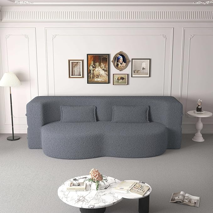 Modern Floor Sofa with 2 Pillows Convertible Teddy Fabric Foam-Filled Sleeper Sofa Bed 15 Full Size Folding Mattress for Living Room Guest Bed Playroom No Assembly Required Grey